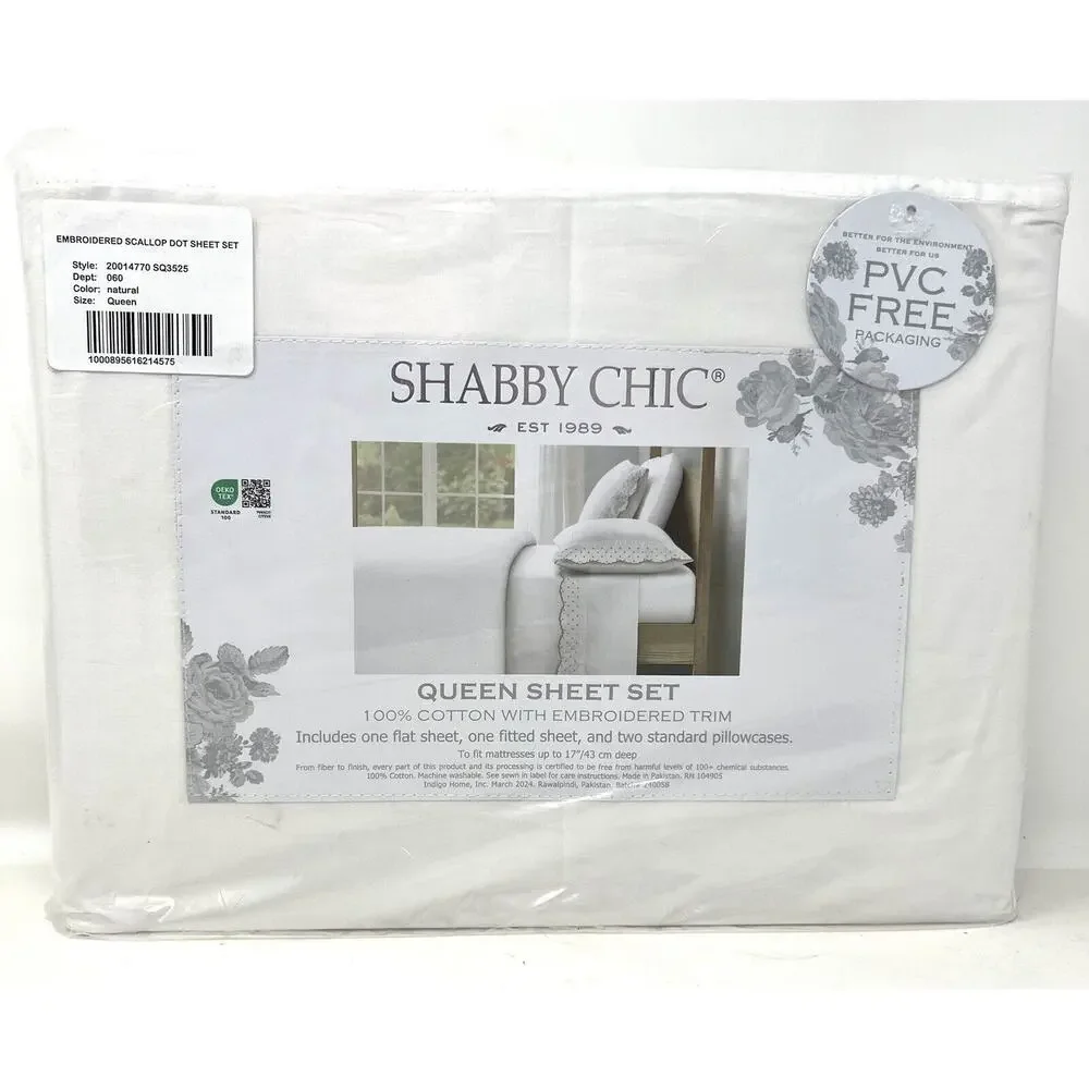 Shabby Chic Embroidered Cotton Queen Sheet Set Scallop Dot NATURAL TAN BEIGE
